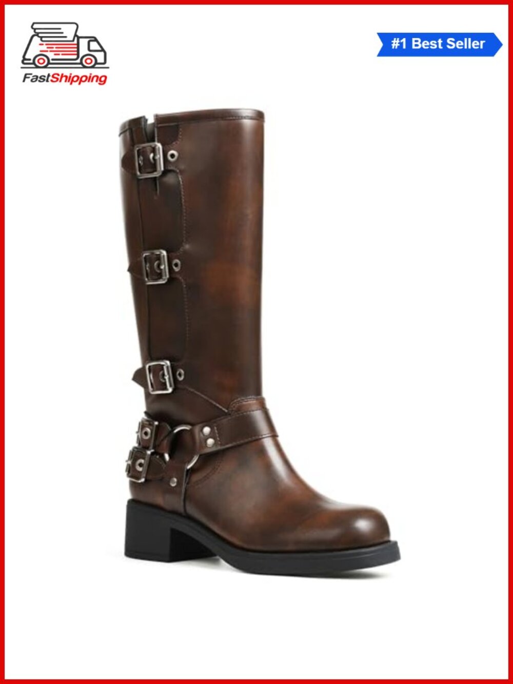 ✨ Women's Knee High Moto Biker Boots with Buckle & Chunky Block Heel